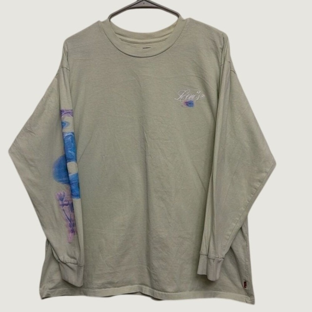 Levis Womens Long Sleeve Graphic Tee Sage Green Floral Watercolor Sleeve Size M